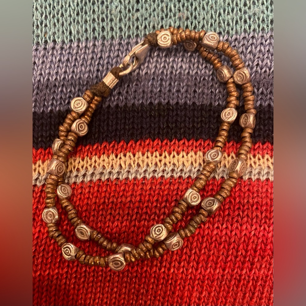 Rustic brown and engraved silver beaded bracelet